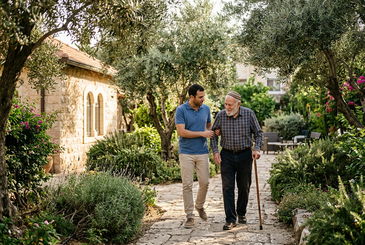 אדם מבוגר עם מקל הליכה צועד בשביל בגינת בית דיור מוגן, ומטפל הולך לצידו