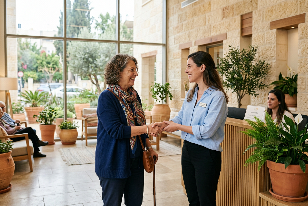 אישה מתקבלת בלובי של בית דיור מוגן על ידי אשת צוות