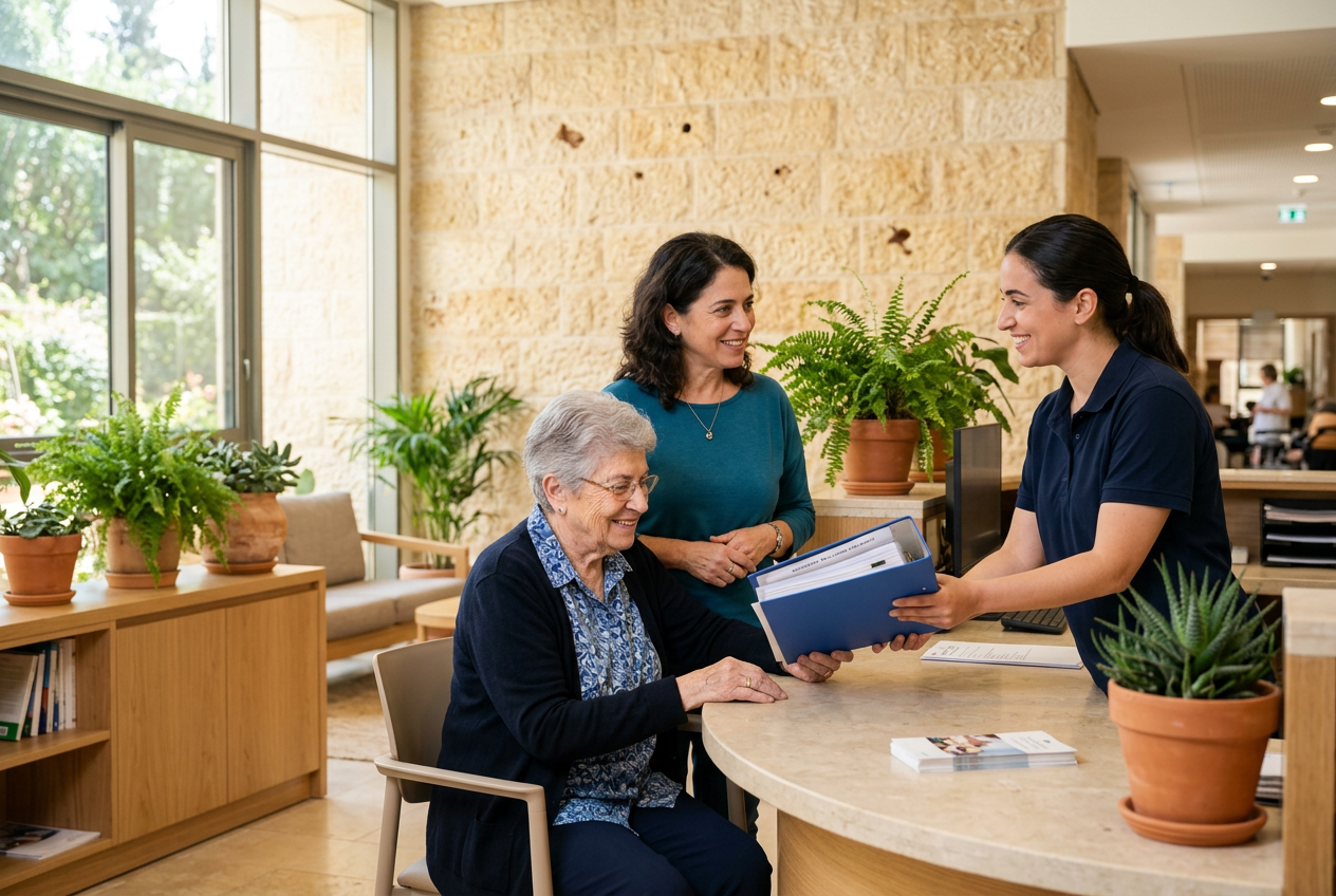 אישה מבוגרת ובתה מקבלות תיקייה עם מסמכים בדלפק הקבלה של בית דיור מוגן