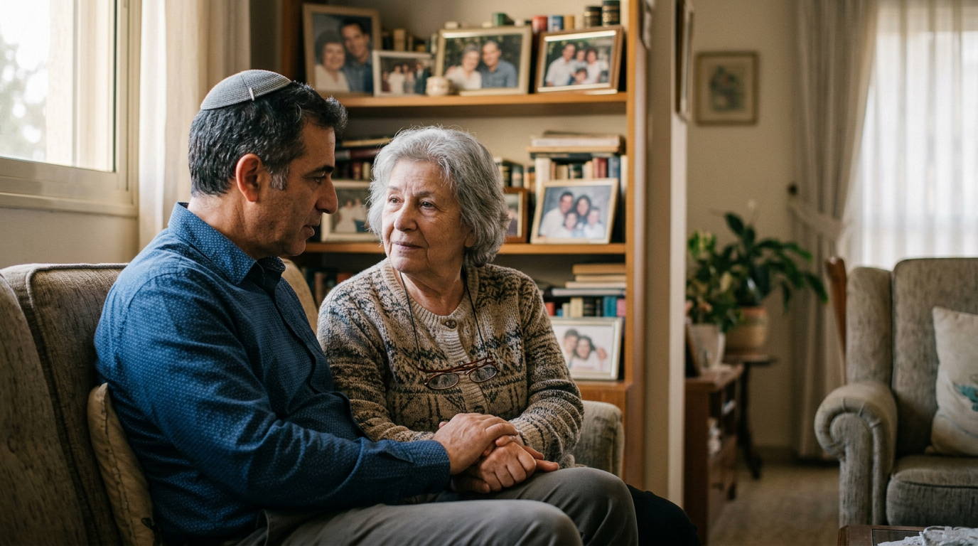 בן יושב ליד אמו המבוגרת על הספה בסלון שלה ומחזיק את ידה