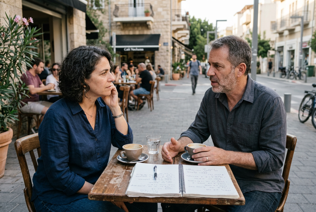 אח ואחות יושבים בבית קפה ומדברים ברצינות, עם מחברת על השולחן
