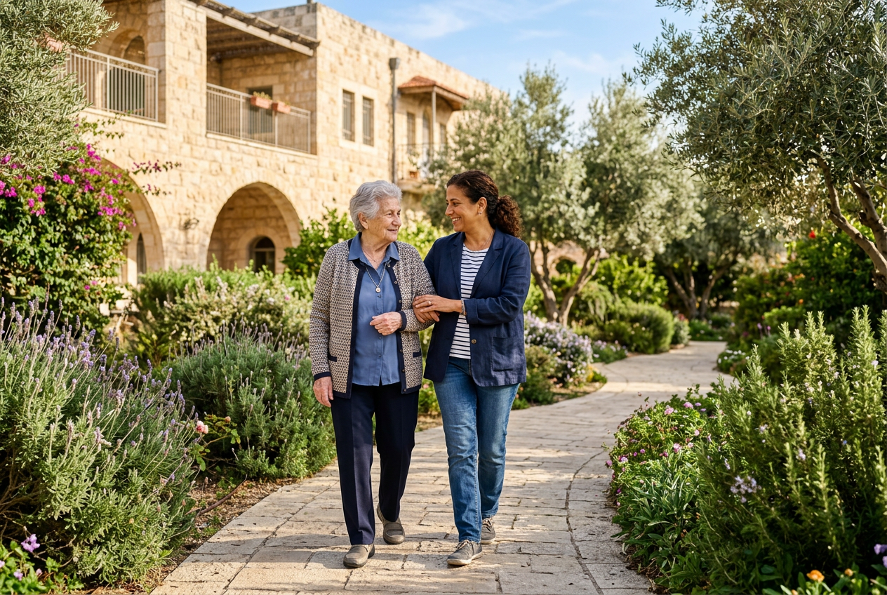 אישה מבוגרת ובתה הולכות שלובות זרוע בשביל בגינה של בית דיור מוגן
